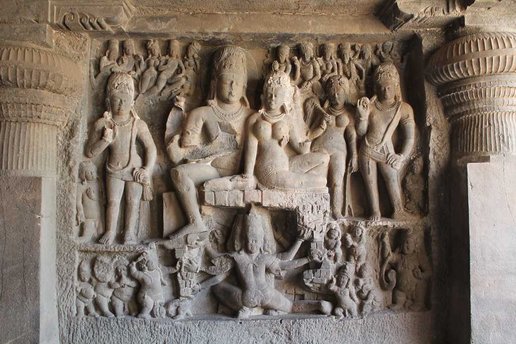 Sculpture of Ravana trying to lift Mt. Kailasa at the Hindu Cave in Ellora