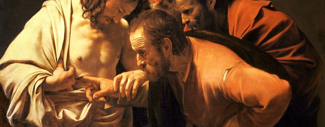 Apostle Thomas inspecting the marks and wounds made by nails on Jesus Christ