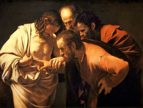 Apostle Thomas inspecting the marks and wounds made by nails on Jesus Christ