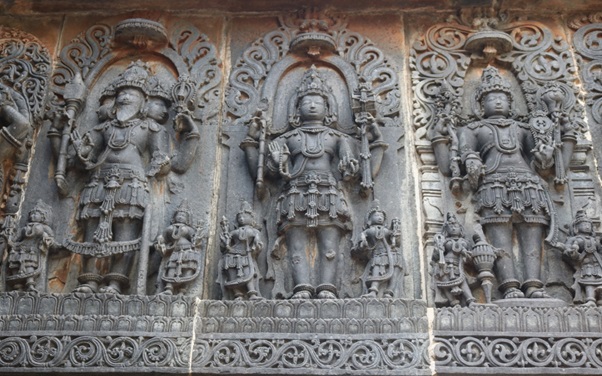 Brahma, Vishnu and Shiva at Hoyasaleswara Temple, Halebidu 