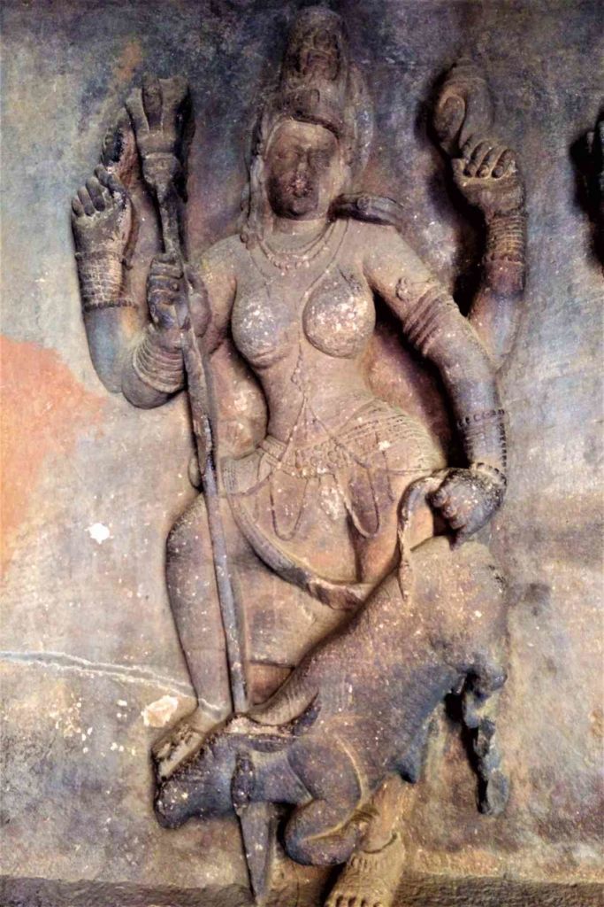 Goddess Durga killing the buffalo demon Mahishasura in Cave 1 temple a Badami
